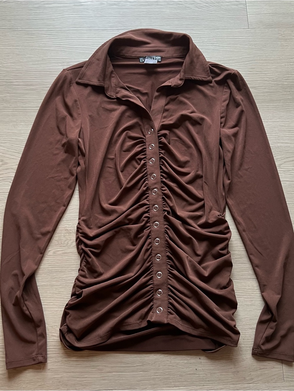 Venus Ruched Front Long Sleeve Top - Chocolate Brown